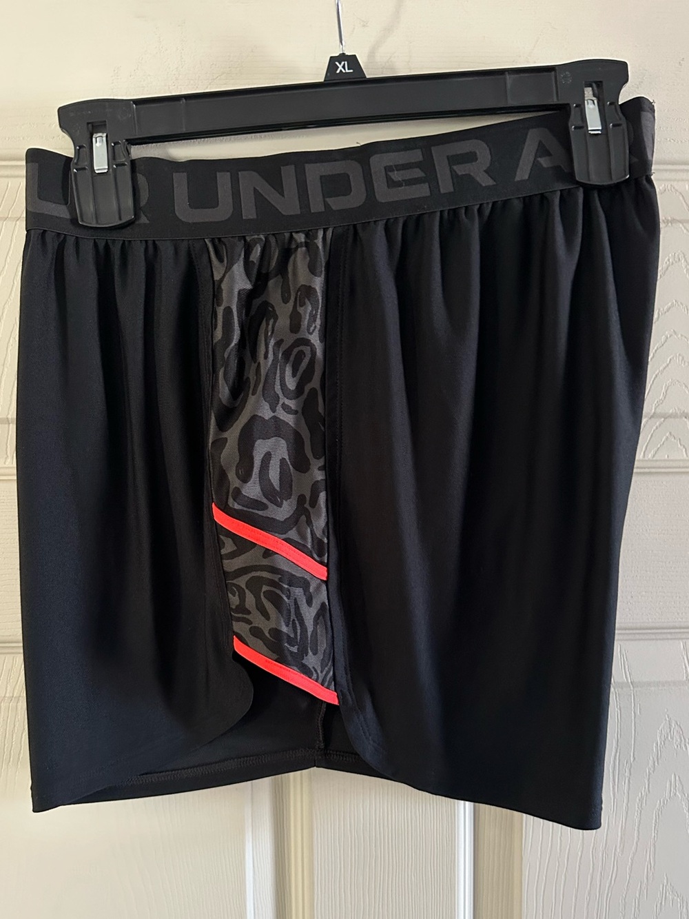 Under Armour Black Athletic Shorts with Gray Leopard Panel and Melon Color Trim
